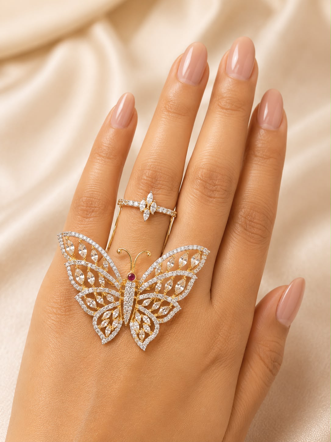Rihum Multi-Color Cubic Zirconia Butterfly Full-Finger Statement Ring