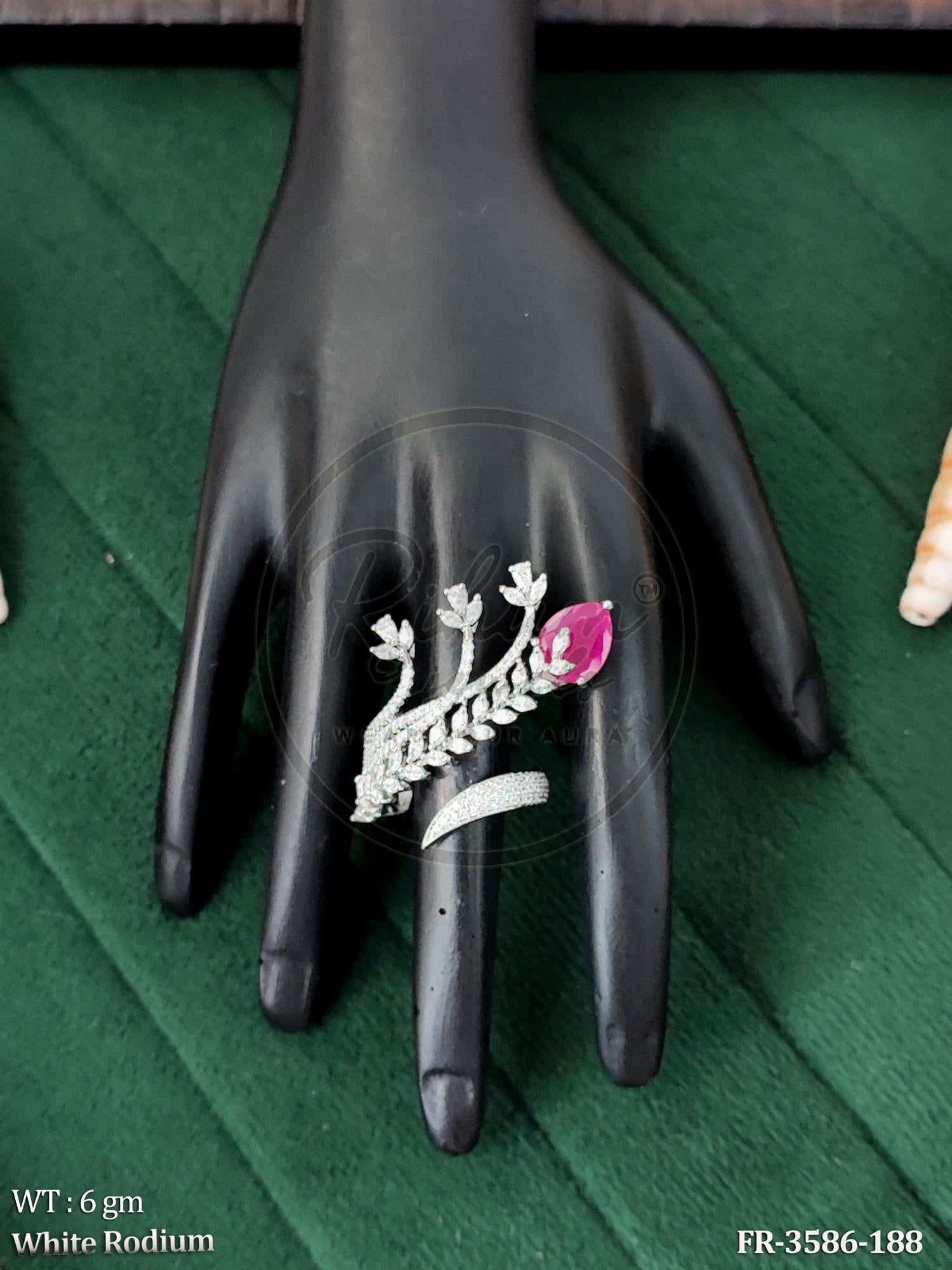 Rhodium Plated Leaf Branch Statement Bypass Ring with Pear-Cut Ruby