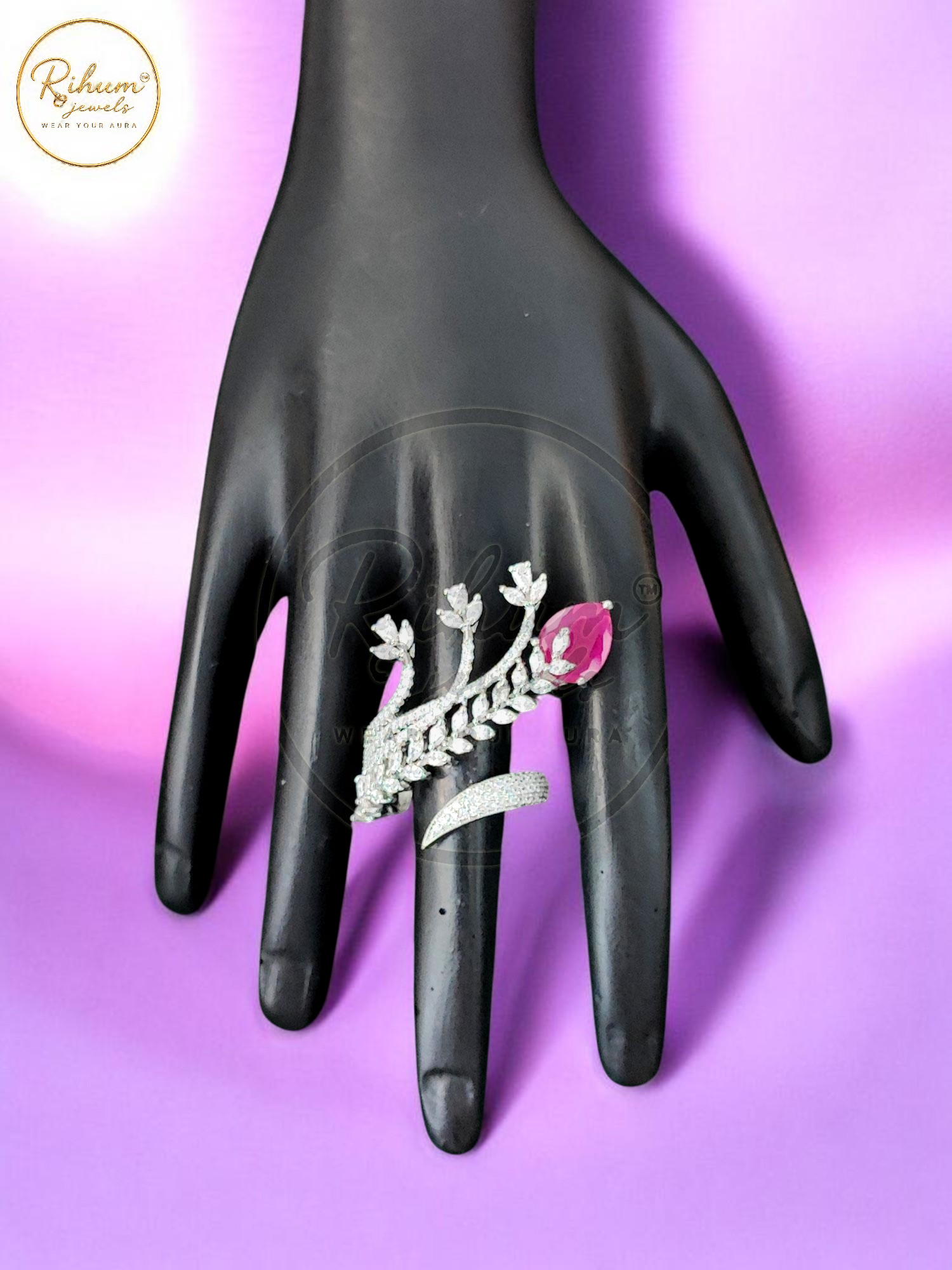 Rhodium Plated Leaf Branch Statement Bypass Ring with Pear-Cut Ruby