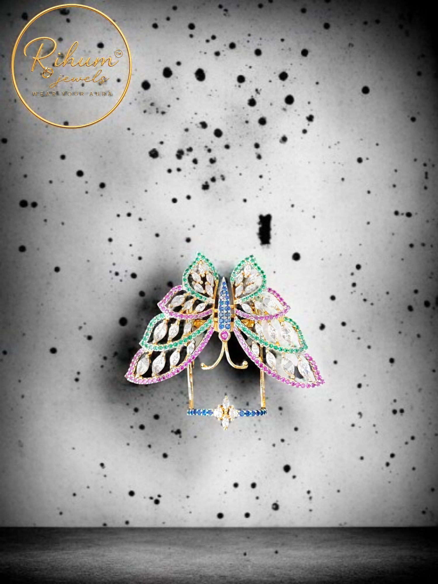 Rihum Multi-Color Cubic Zirconia Butterfly Full-Finger Statement Ring