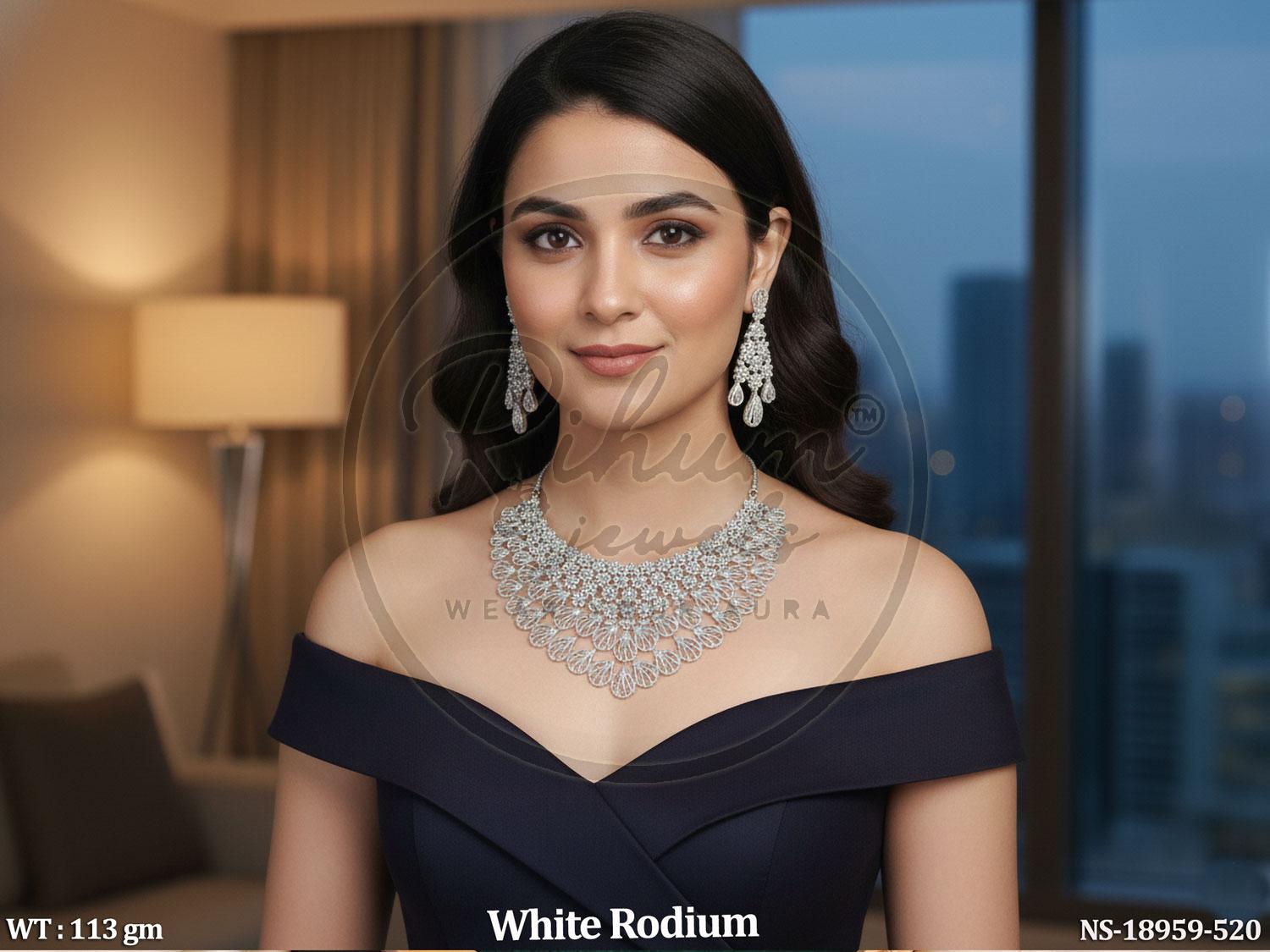 Luxury White Rhodium Plated Choker Necklace and Chandelier Earrings Set with Cubic Zirconia Flower Motif