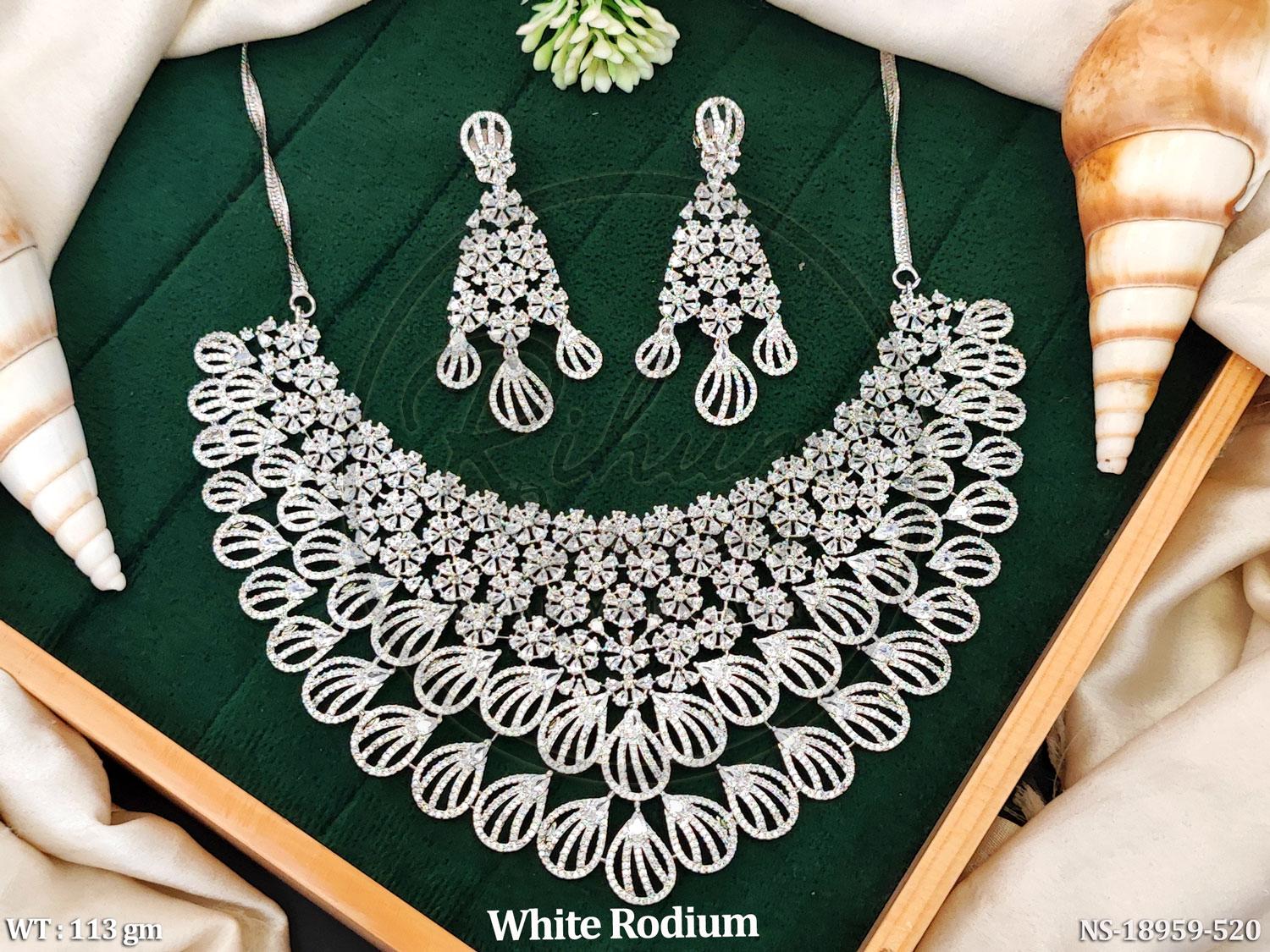 Luxury White Rhodium Plated Choker Necklace and Chandelier Earrings Set with Cubic Zirconia Flower Motif