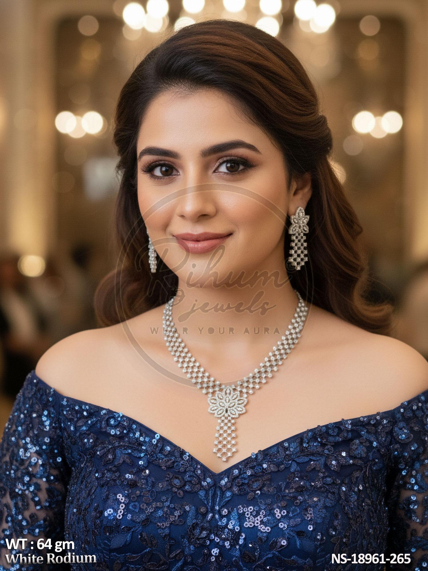 Premium Floral CZ American Diamond White Rhodium Polish Necklace Set.