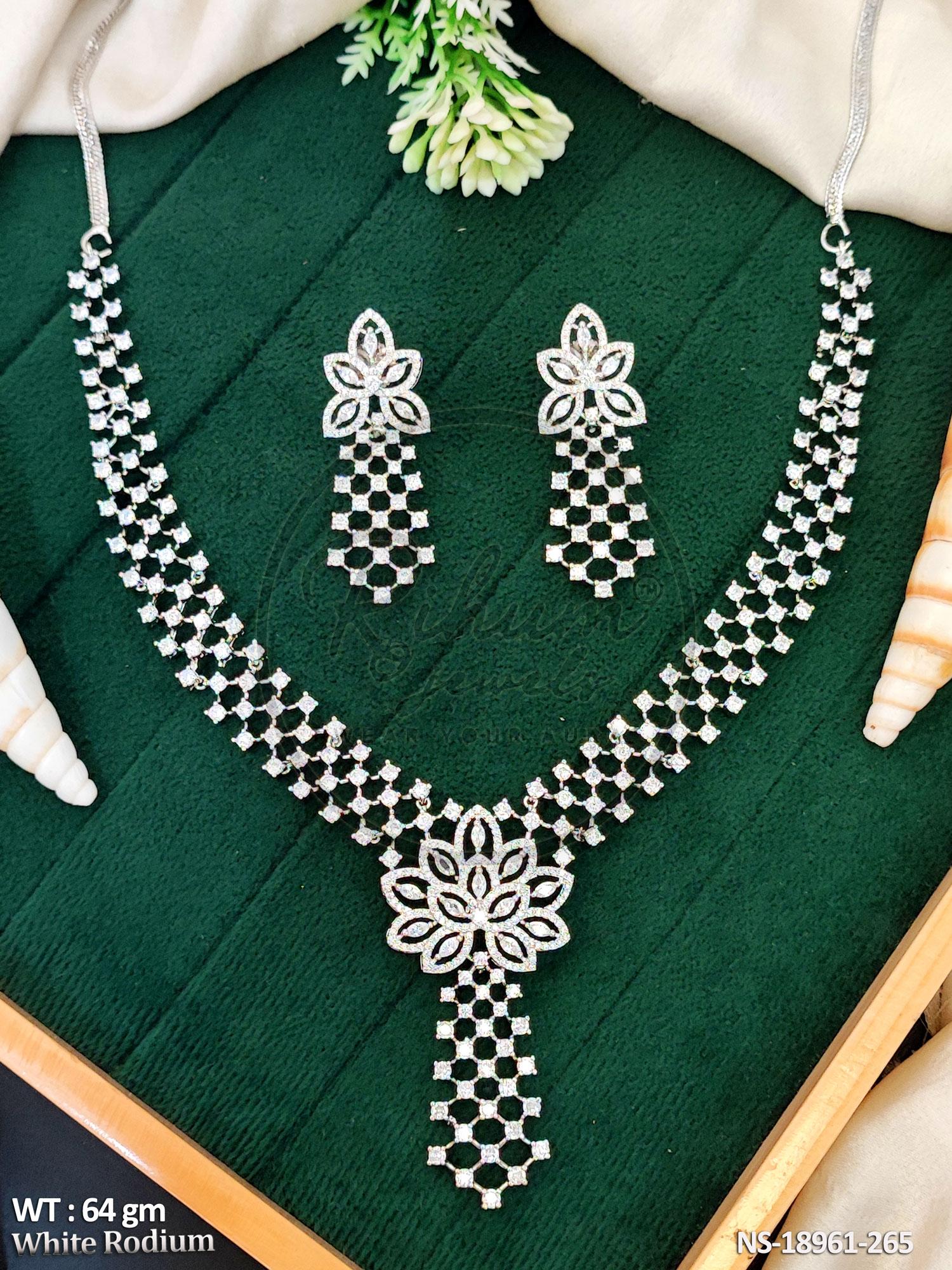 Premium Floral CZ American Diamond White Rhodium Polish Necklace Set.