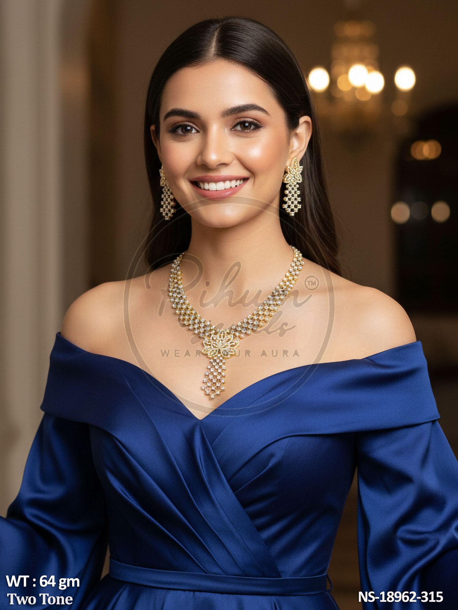 Premium Two-Tone Gold and Silver Plated Cubic Zirconia American Diamond Necklace Set with Drop Earrings.