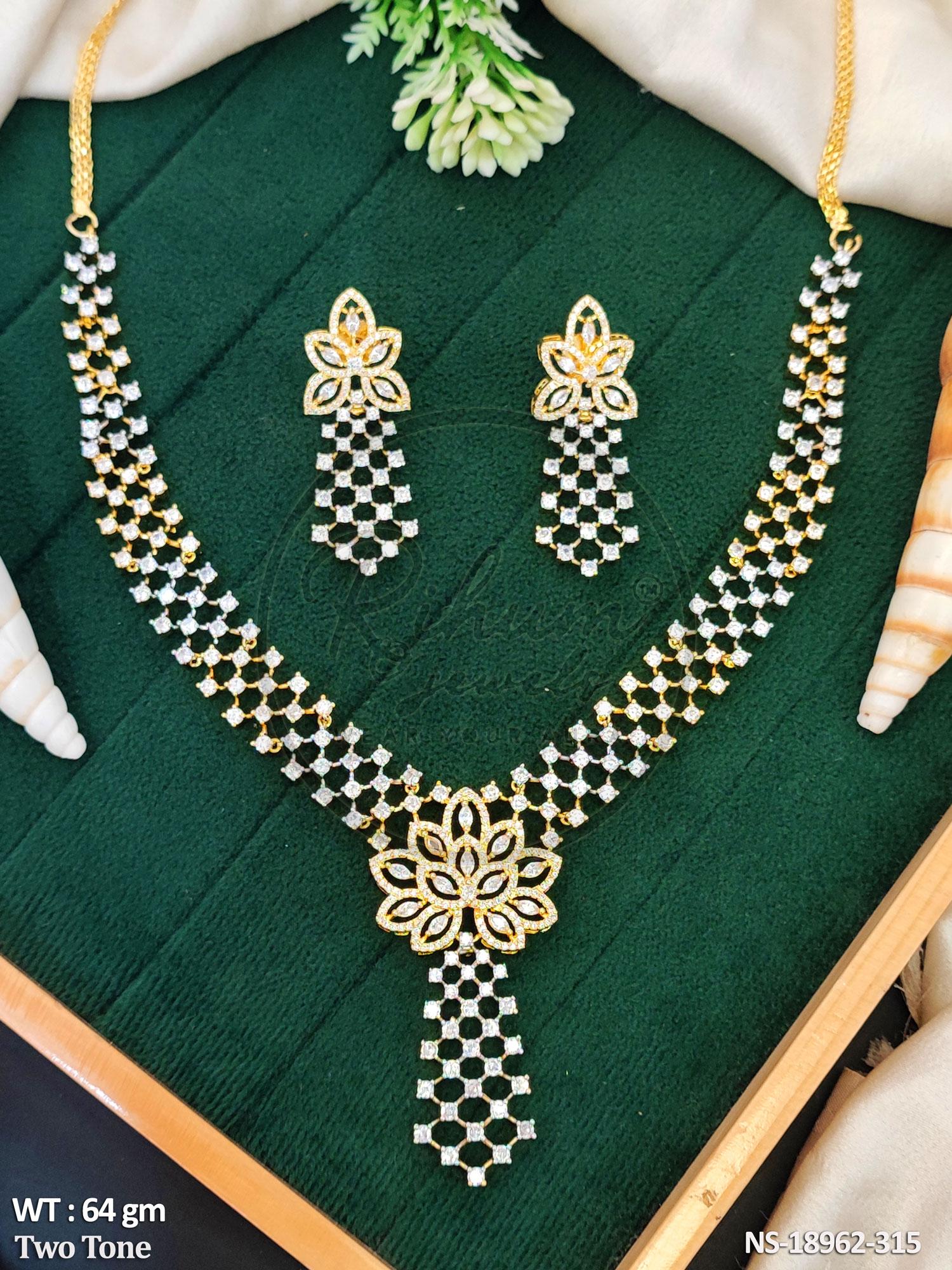 Premium Two-Tone Gold and Silver Plated Cubic Zirconia American Diamond Necklace Set with Drop Earrings.