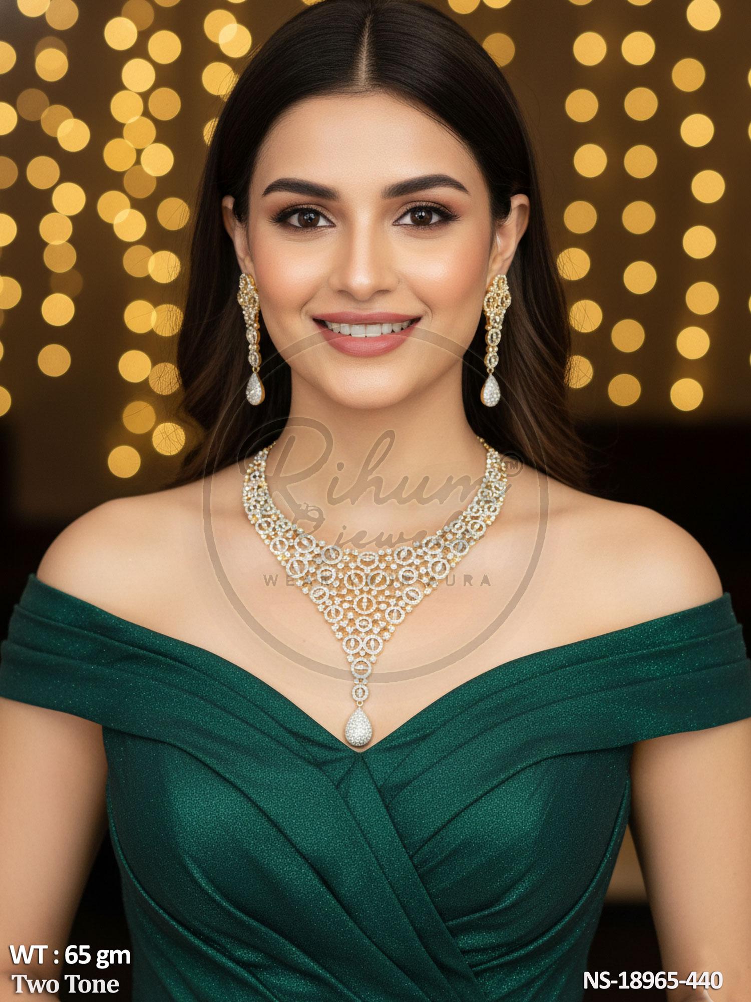 Premium Two-Tone Circular Intricate Mesh Cubic Zirconia American Diamond Choker Necklace Set with Tear-Drop Hanging Earrings