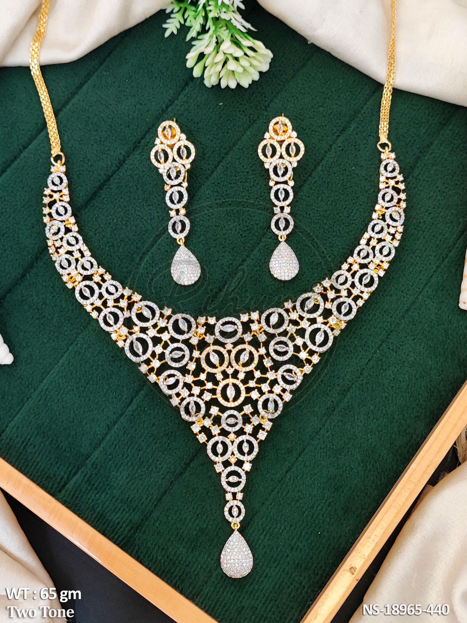 Premium Two-Tone Circular Intricate Mesh Cubic Zirconia American Diamond Choker Necklace Set with Tear-Drop Hanging Earrings