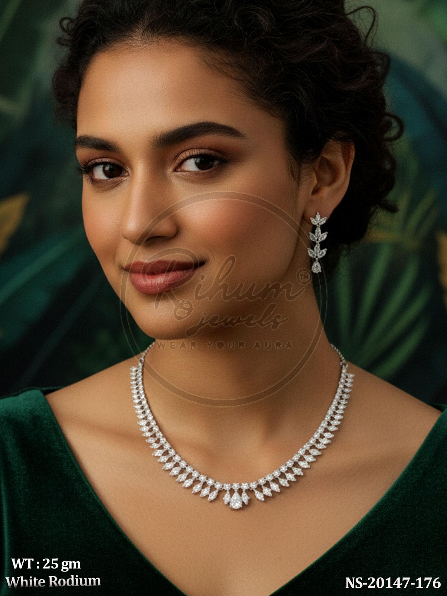 Dainty Cubic Zirconia Statement Choker Set, White Rhodium ,Marquise & Pear Cut , Elegant