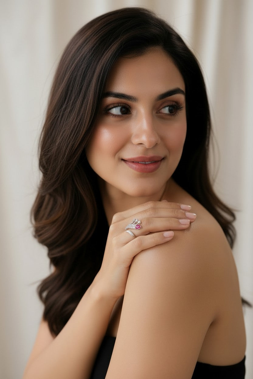 Rhodium Plated Leaf Branch Statement Bypass Ring with Pear-Cut Ruby