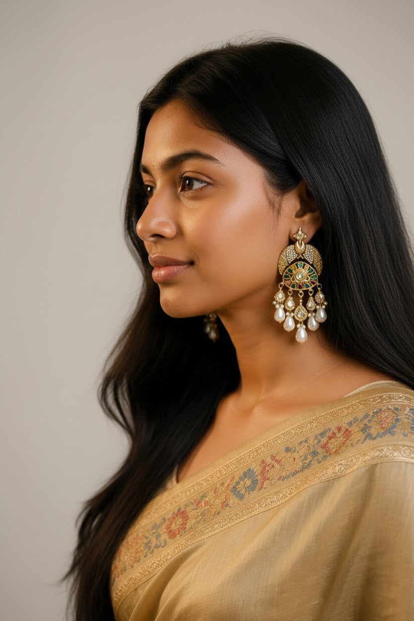 Traditional Mehndi Gold Finish Royal Peacock Chandbali Earrings with Multi-Color Navratna-Inspired Stones and Baroque Pearl Drops