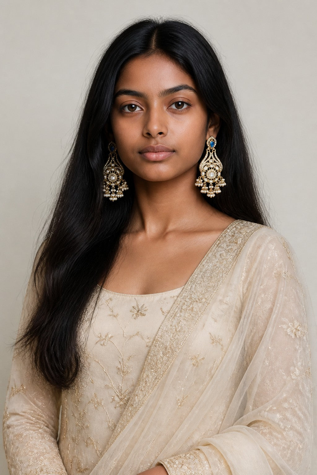 Royal Kundan Chand Bali Jhumka Earrings with Blue Accents & Pearl Drops