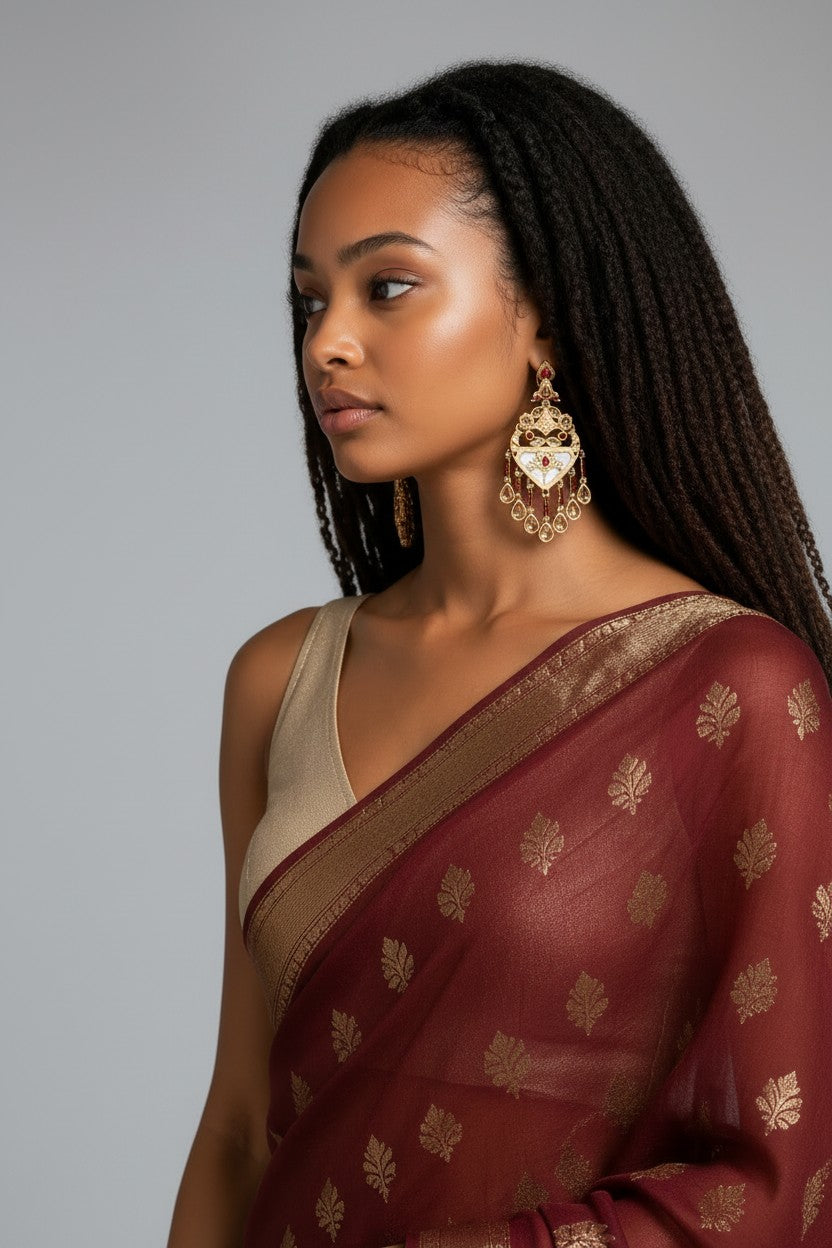 Mehndi Gold Finish Kundan & Mother of Pearl, Geometric Chandelier Dangler Earrings with Maroon Stone Accents