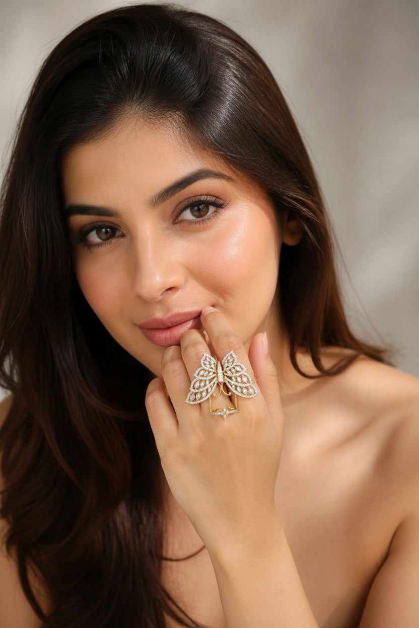 Rihum Multi-Color Cubic Zirconia Butterfly Full-Finger Statement Ring