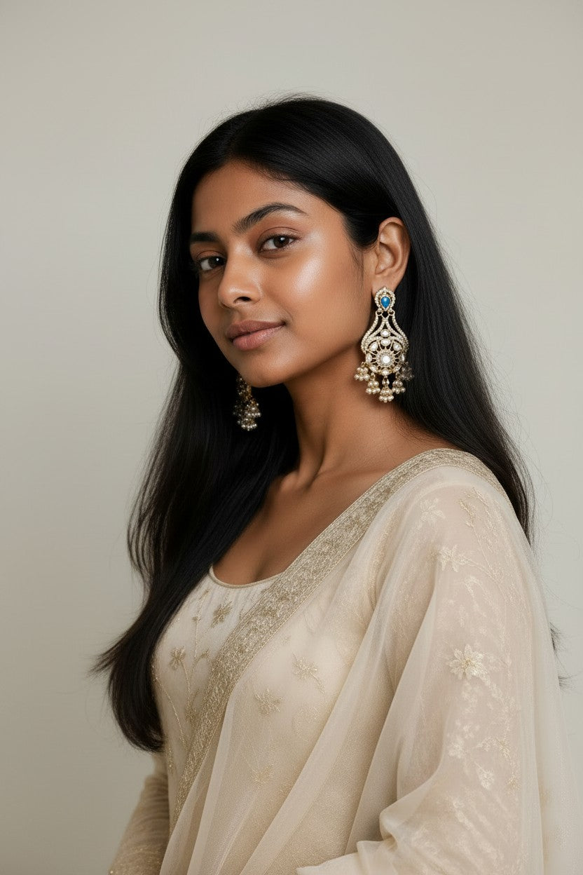 Royal Kundan Chand Bali Jhumka Earrings with Blue Accents & Pearl Drops