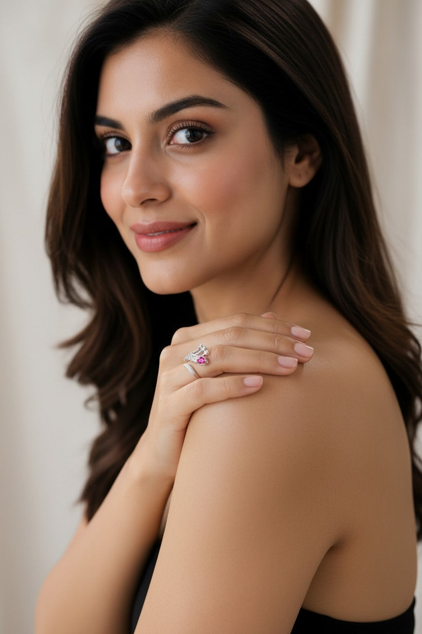 Rhodium Plated Leaf Branch Statement Bypass Ring with Pear-Cut Ruby