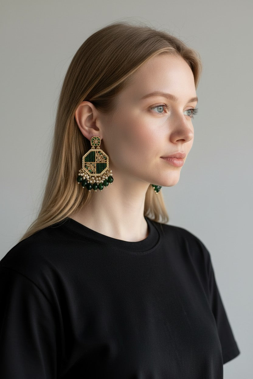 Rihum Jewels Emerald Green & Gold Kundan Geometric Statement Earrings