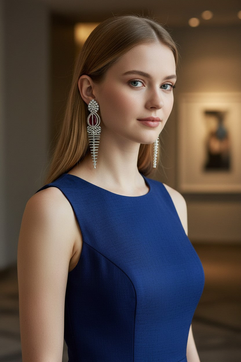 Elegant Rhodium-Plated Cascading Chandelier Earrings with Ruby-Red Centerpiece.