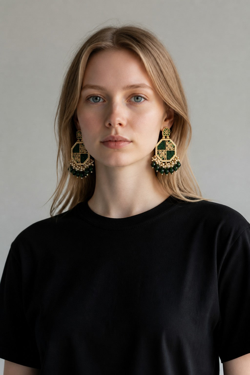 Rihum Jewels Emerald Green & Gold Kundan Geometric Statement Earrings