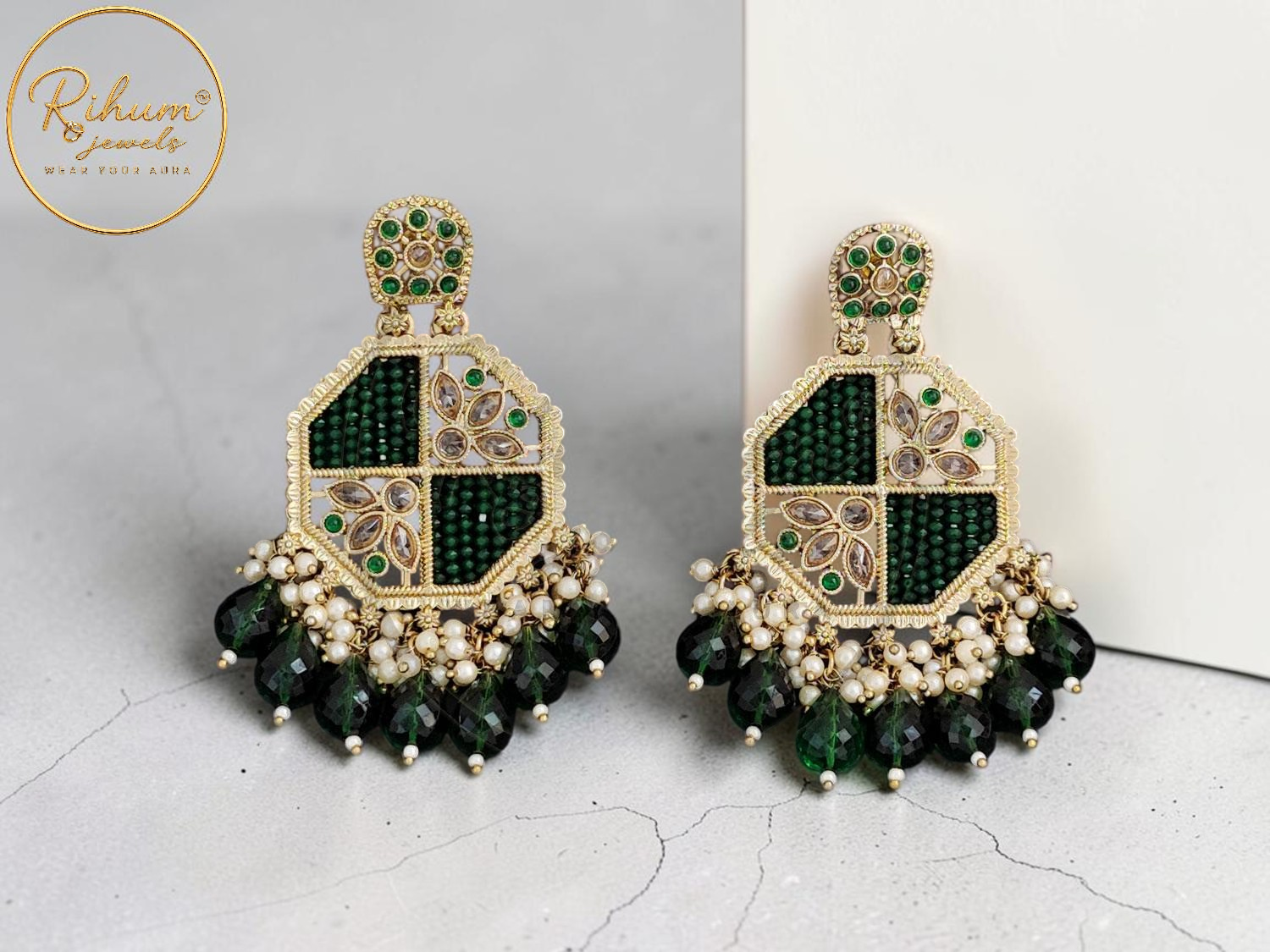 Rihum Jewels Emerald Green & Gold Kundan Geometric Statement Earrings
