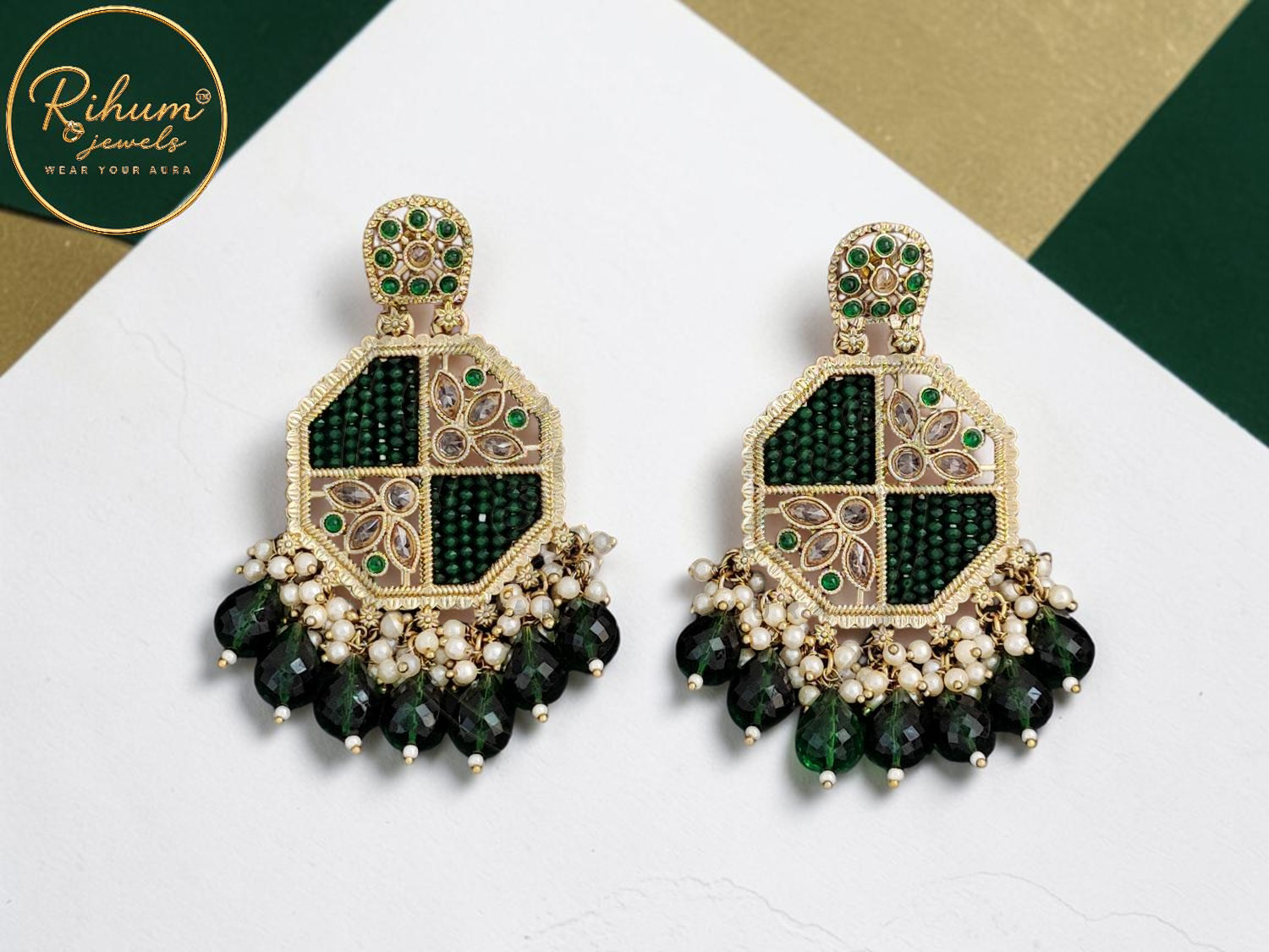 Rihum Jewels Emerald Green & Gold Kundan Geometric Statement Earrings