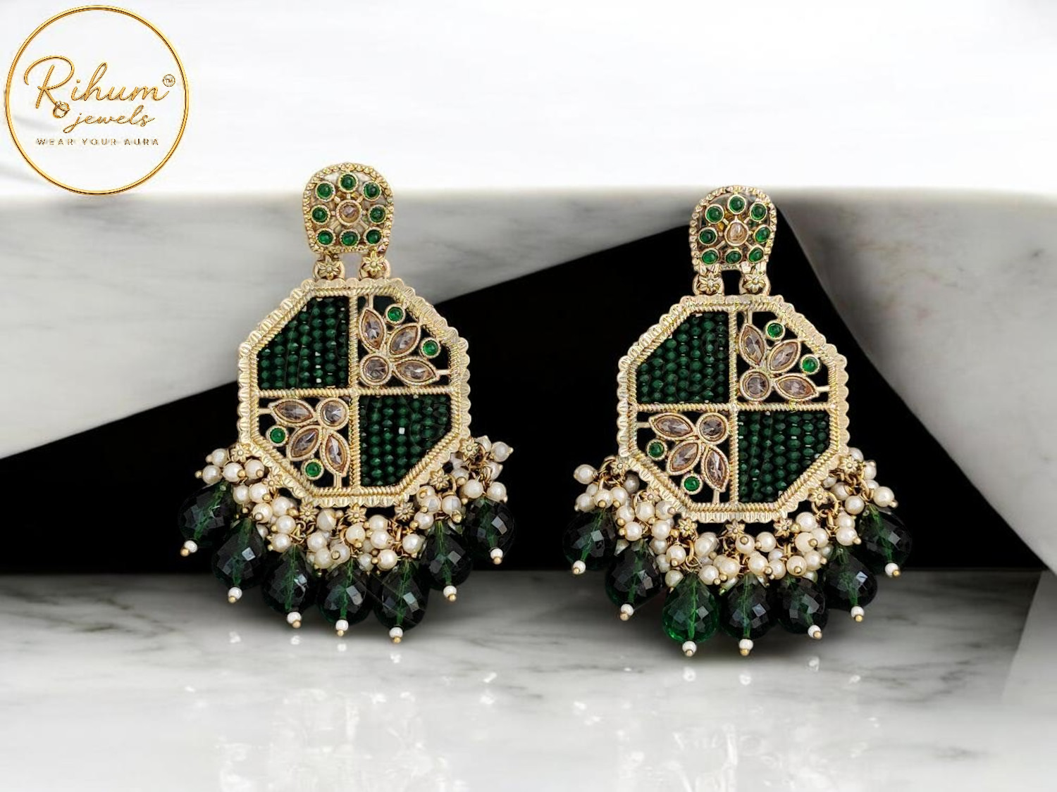 Rihum Jewels Emerald Green & Gold Kundan Geometric Statement Earrings