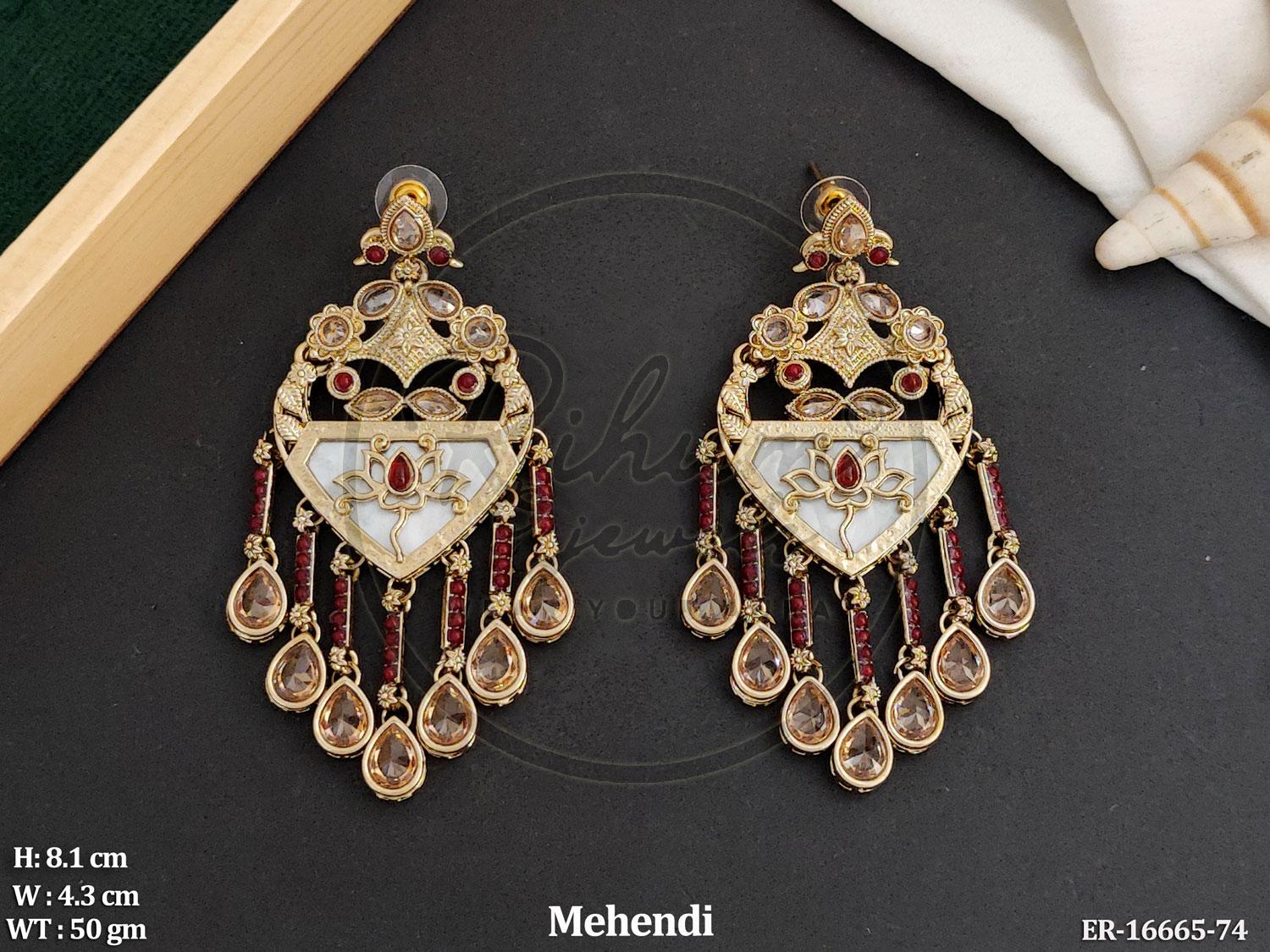 Mehndi Gold Finish Kundan & Mother of Pearl, Geometric Chandelier Dangler Earrings with Maroon Stone Accents