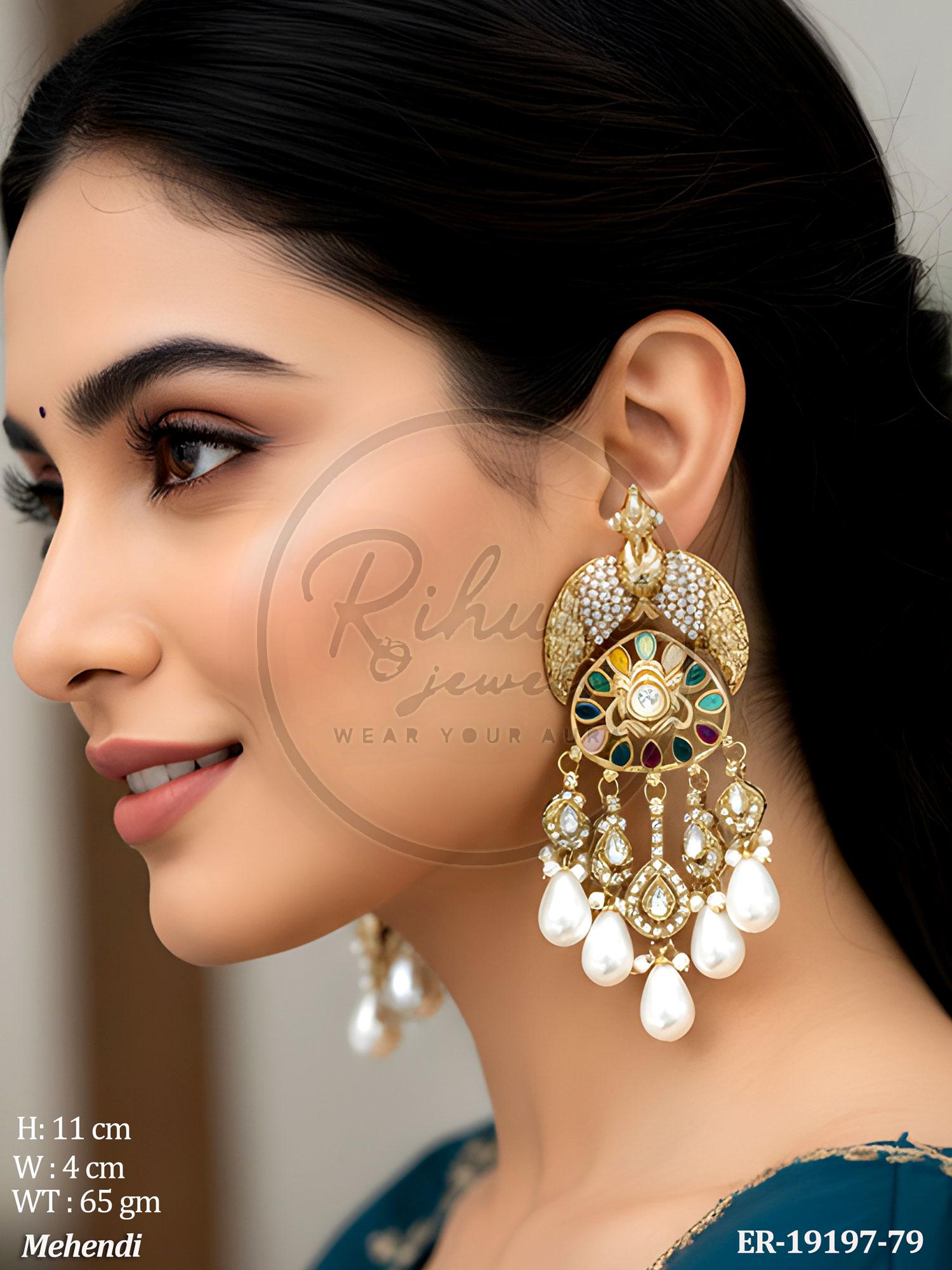 Traditional Mehndi Gold Finish Royal Peacock Chandbali Earrings with Multi-Color Navratna-Inspired Stones and Baroque Pearl Drops