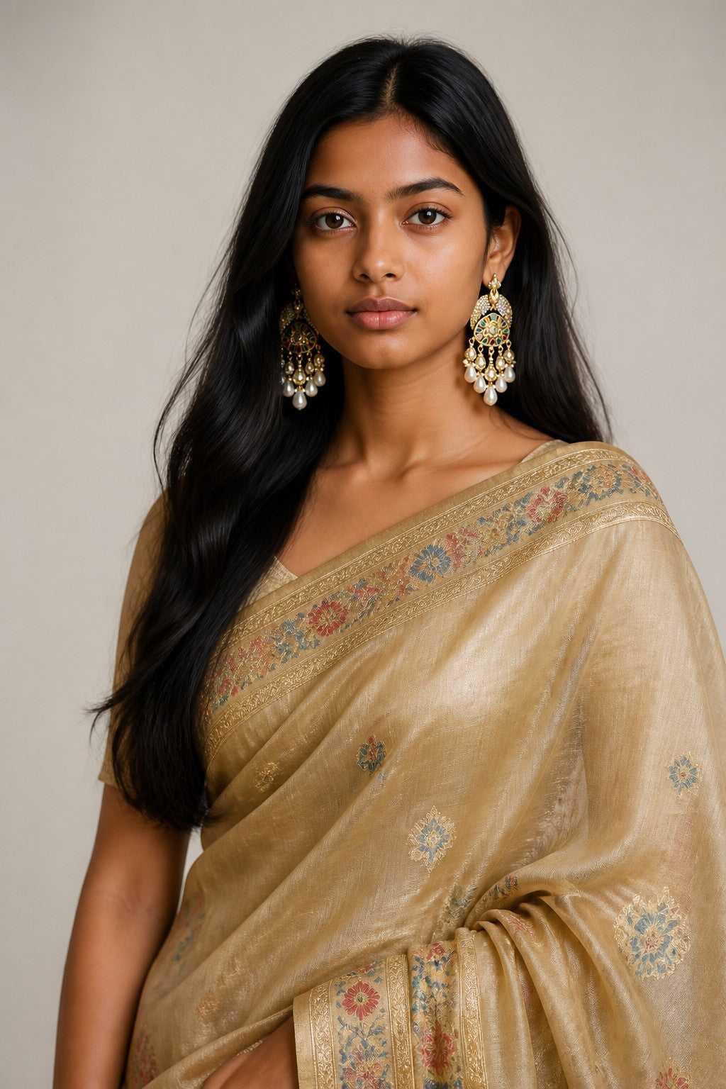 Traditional Mehndi Gold Finish Royal Peacock Chandbali Earrings with Multi-Color Navratna-Inspired Stones and Baroque Pearl Drops
