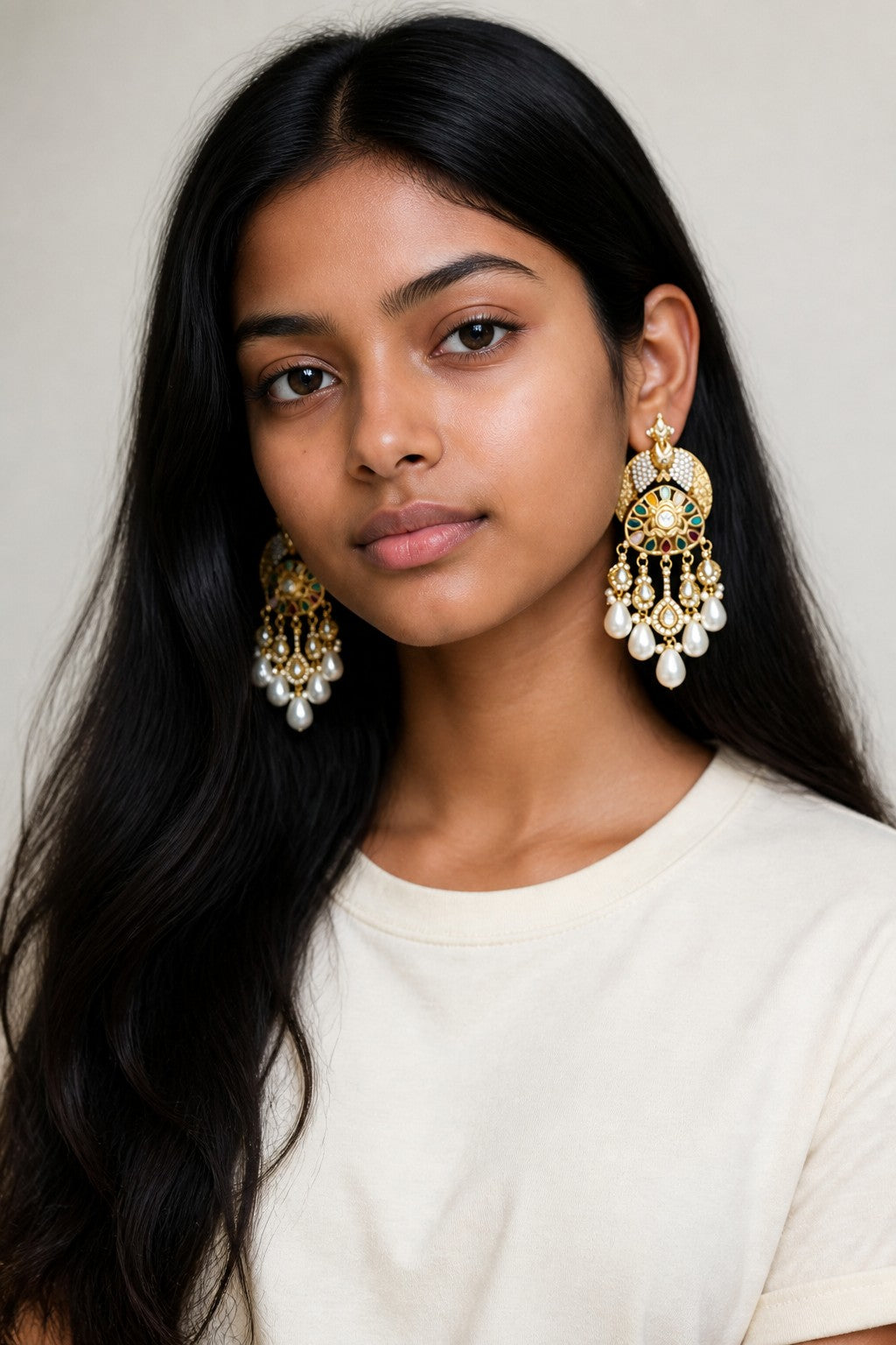Traditional Mehndi Gold Finish Royal Peacock Chandbali Earrings with Multi-Color Navratna-Inspired Stones and Baroque Pearl Drops