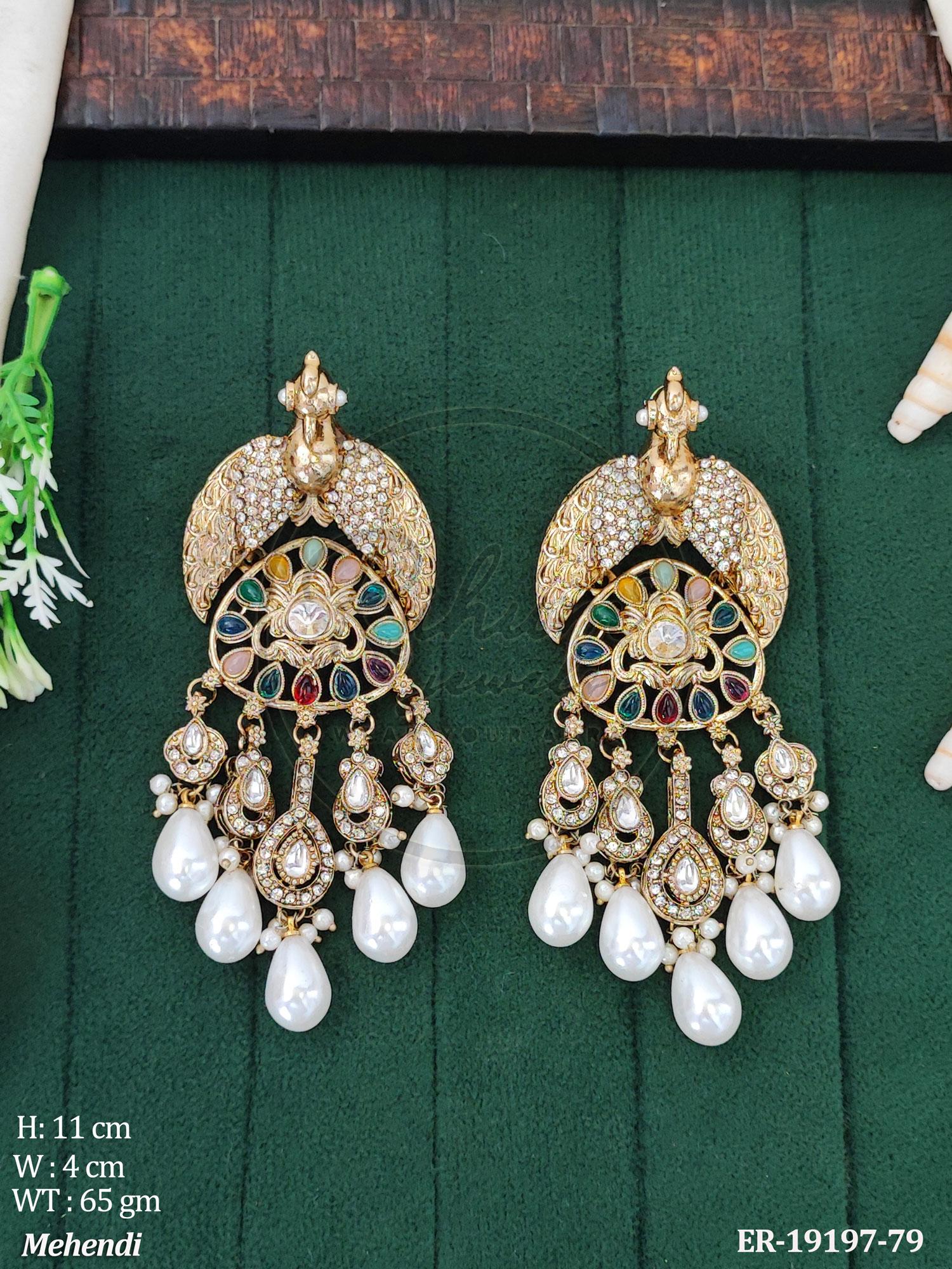 Traditional Mehndi Gold Finish Royal Peacock Chandbali Earrings with Multi-Color Navratna-Inspired Stones and Baroque Pearl Drops