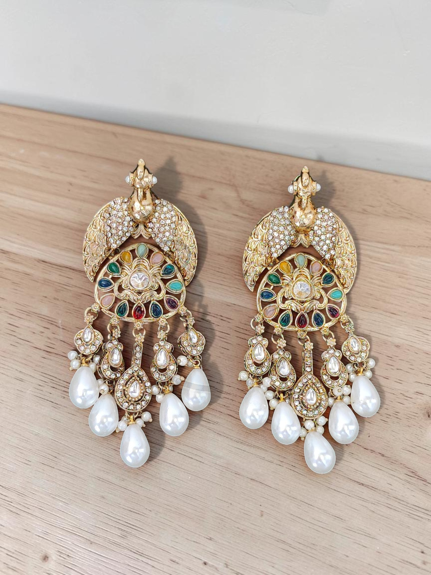 Traditional Mehndi Gold Finish Royal Peacock Chandbali Earrings with Multi-Color Navratna-Inspired Stones and Baroque Pearl Drops