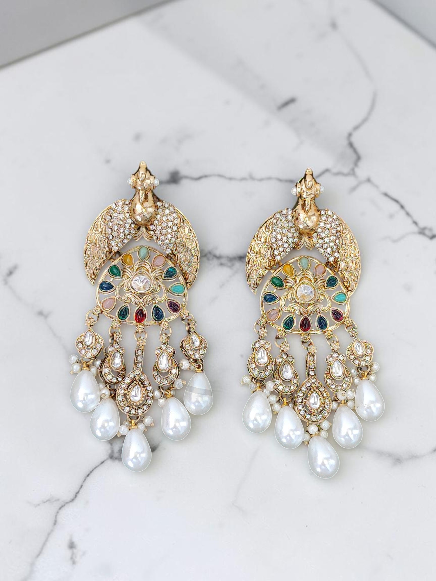 Traditional Mehndi Gold Finish Royal Peacock Chandbali Earrings with Multi-Color Navratna-Inspired Stones and Baroque Pearl Drops