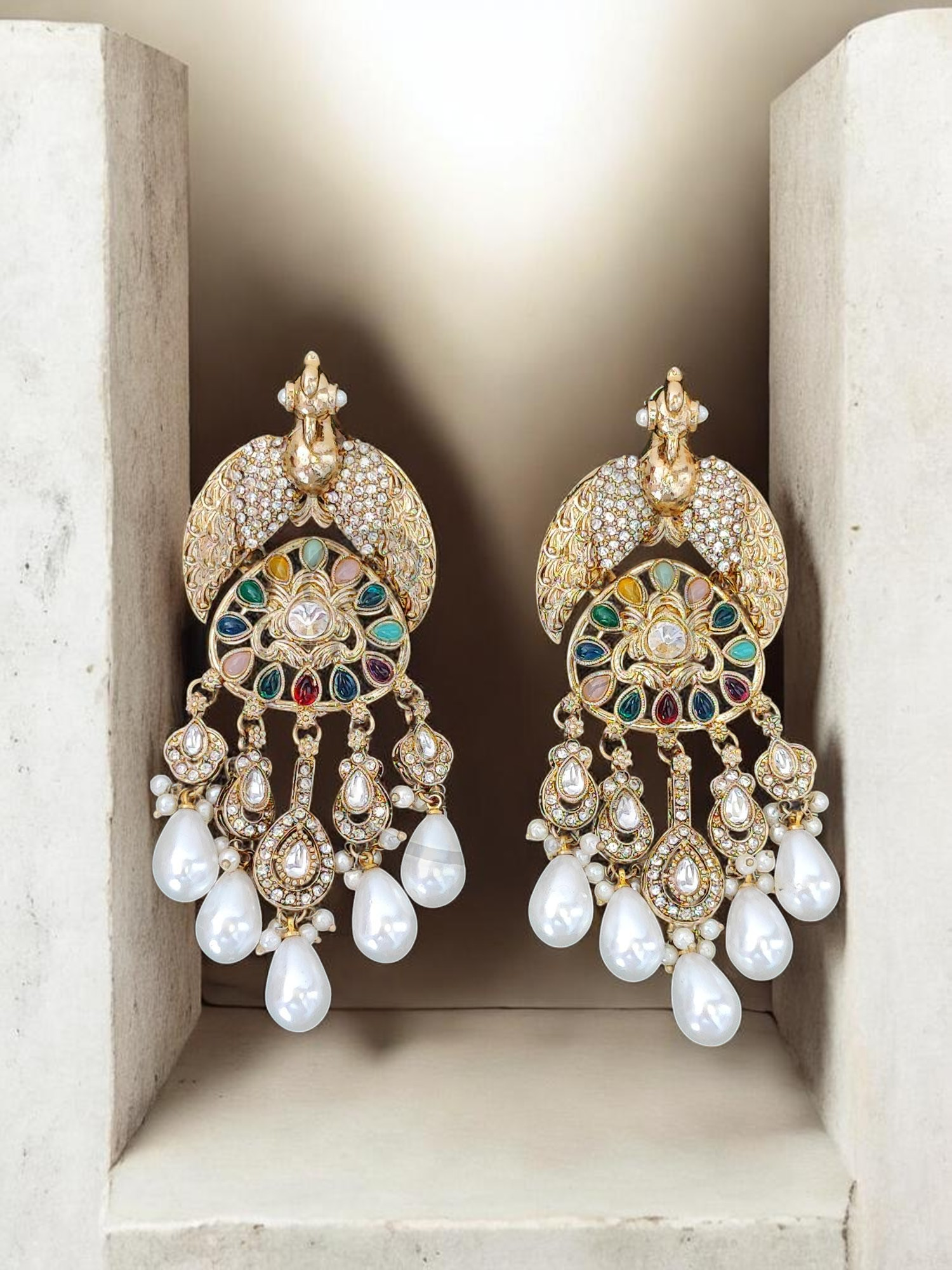 Traditional Mehndi Gold Finish Royal Peacock Chandbali Earrings with Multi-Color Navratna-Inspired Stones and Baroque Pearl Drops