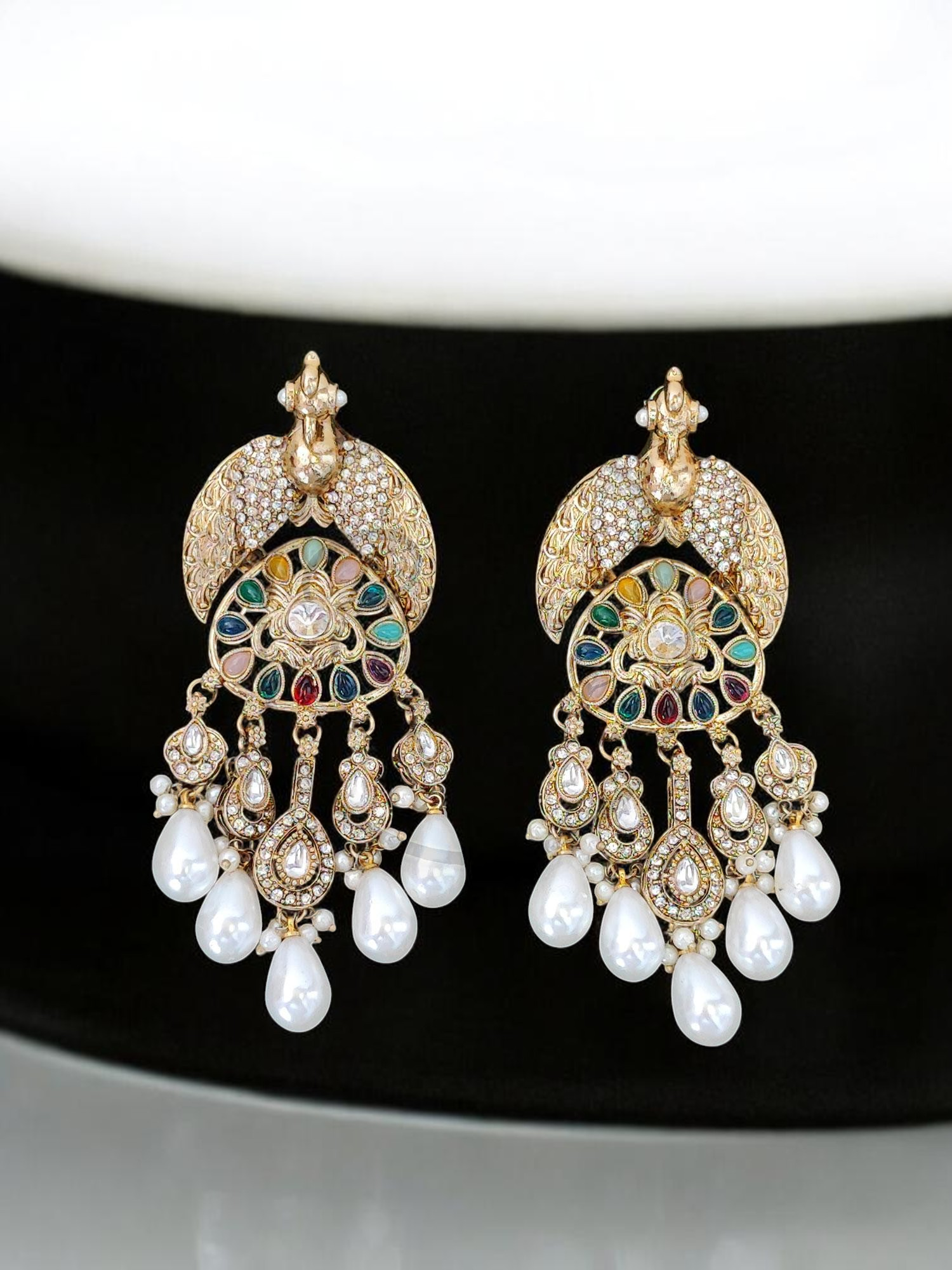 Traditional Mehndi Gold Finish Royal Peacock Chandbali Earrings with Multi-Color Navratna-Inspired Stones and Baroque Pearl Drops