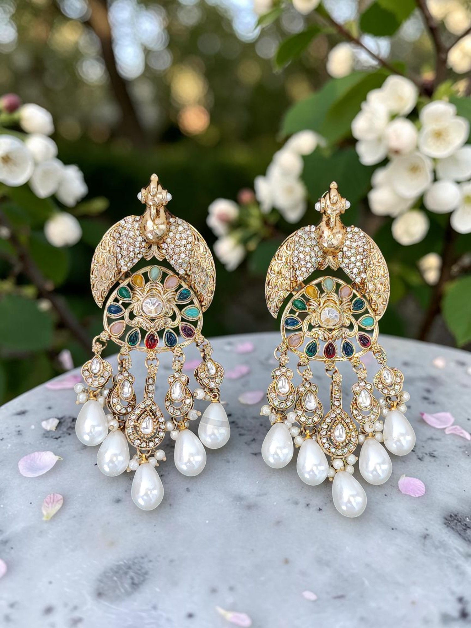 Traditional Mehndi Gold Finish Royal Peacock Chandbali Earrings with Multi-Color Navratna-Inspired Stones and Baroque Pearl Drops