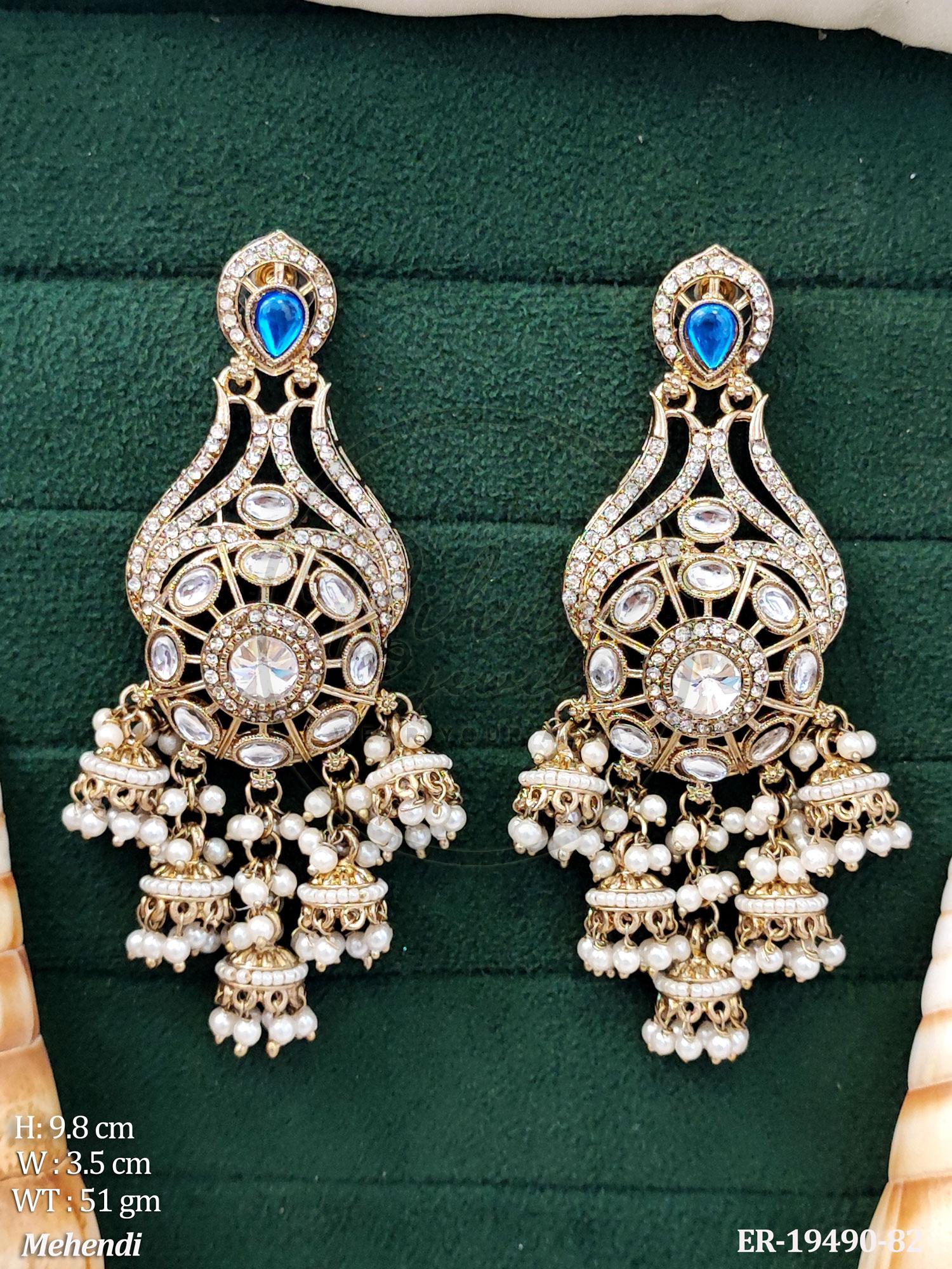 Royal Kundan Chand Bali Jhumka Earrings with Blue Accents & Pearl Drops