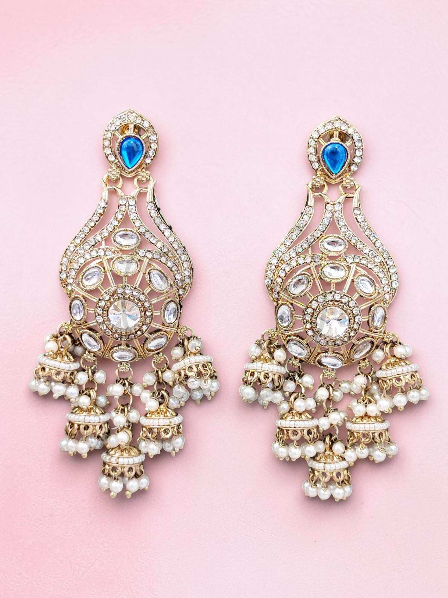 Royal Kundan Chand Bali Jhumka Earrings with Blue Accents & Pearl Drops