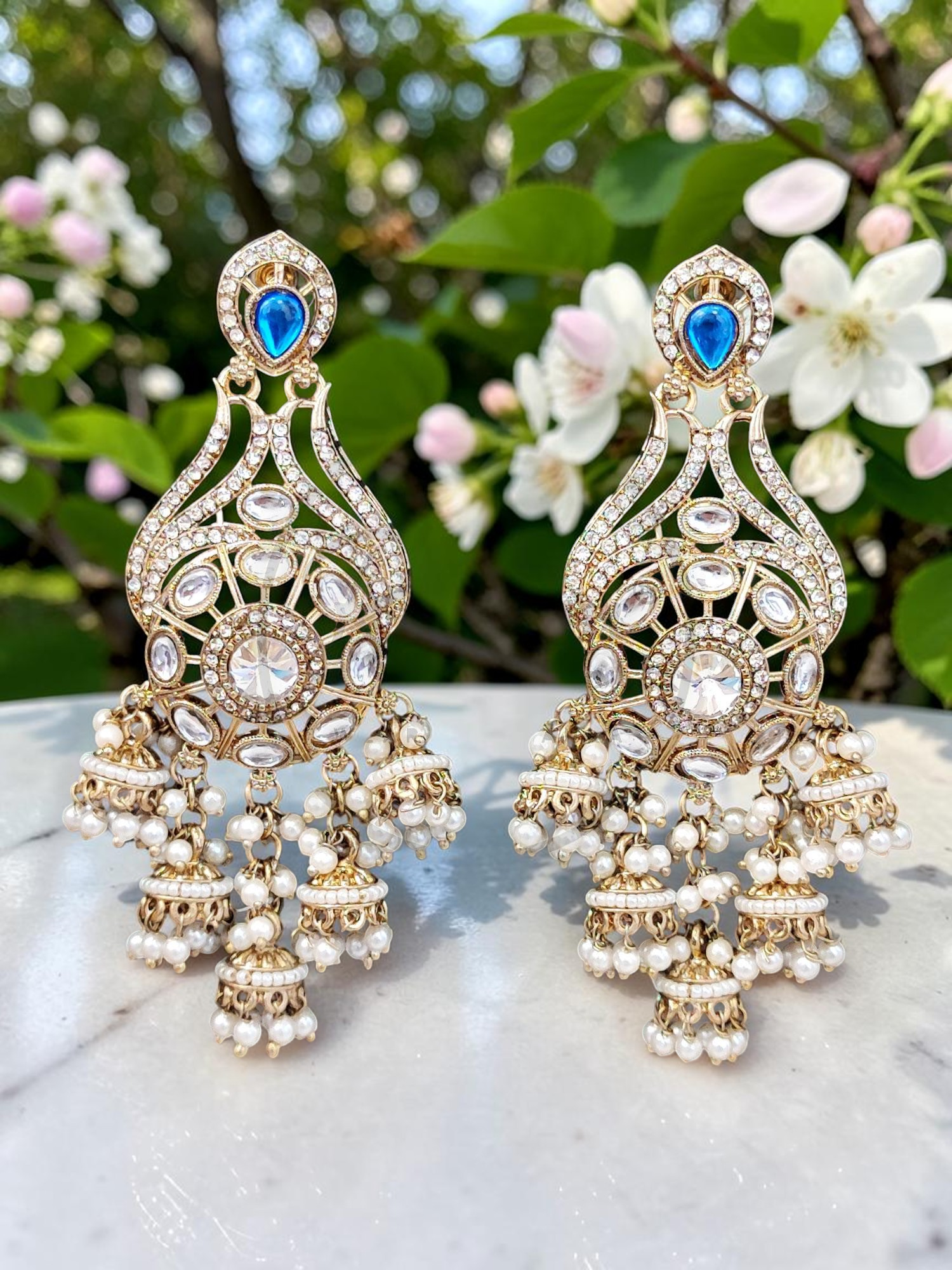 Royal Kundan Chand Bali Jhumka Earrings with Blue Accents & Pearl Drops