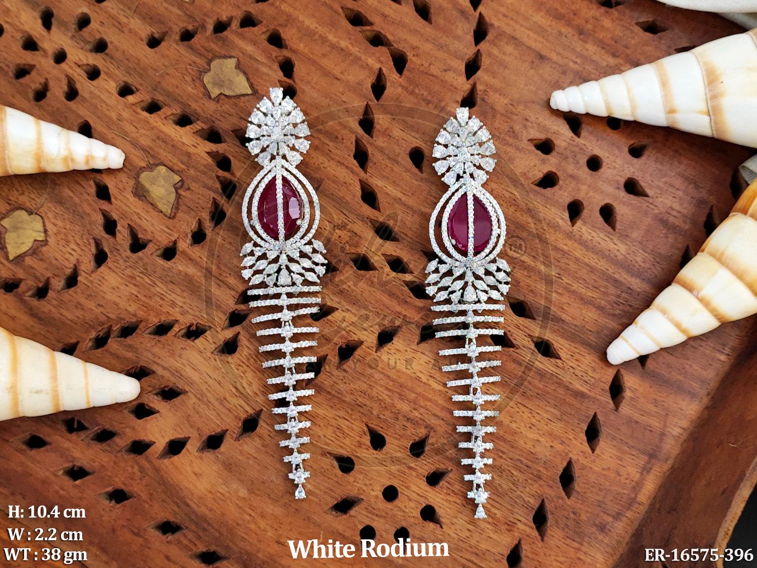 Elegant Rhodium-Plated Cascading Chandelier Earrings with Ruby-Red Centerpiece.