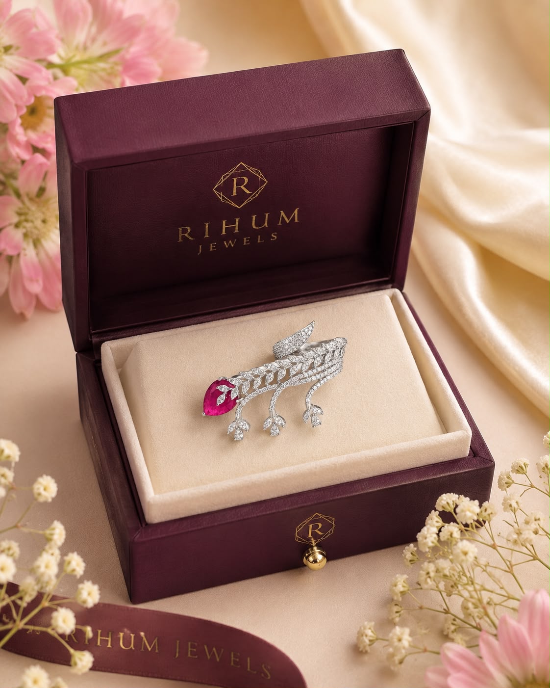 Rhodium Plated Leaf Branch Statement Bypass Ring with Pear-Cut Ruby