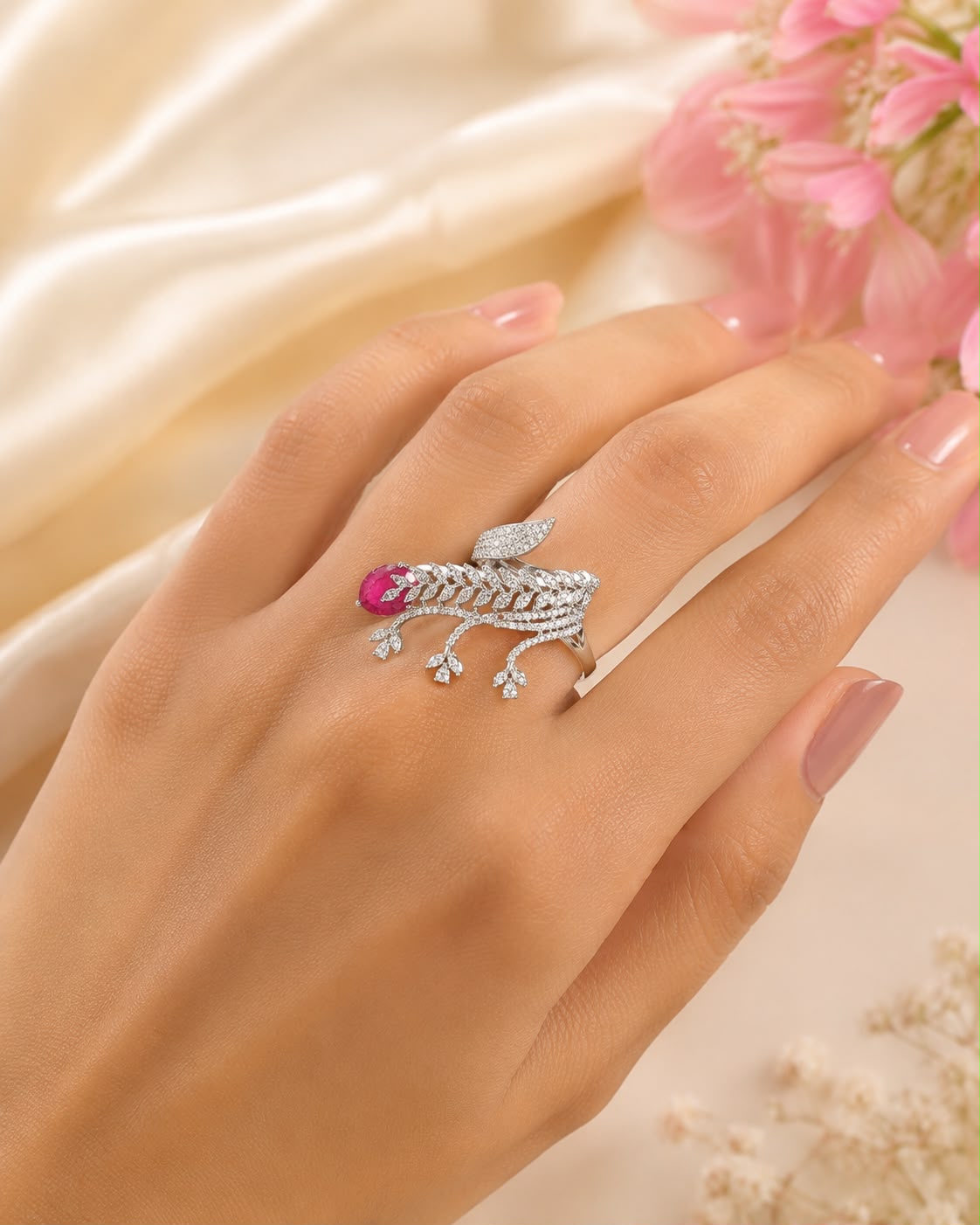 Rhodium Plated Leaf Branch Statement Bypass Ring with Pear-Cut Ruby