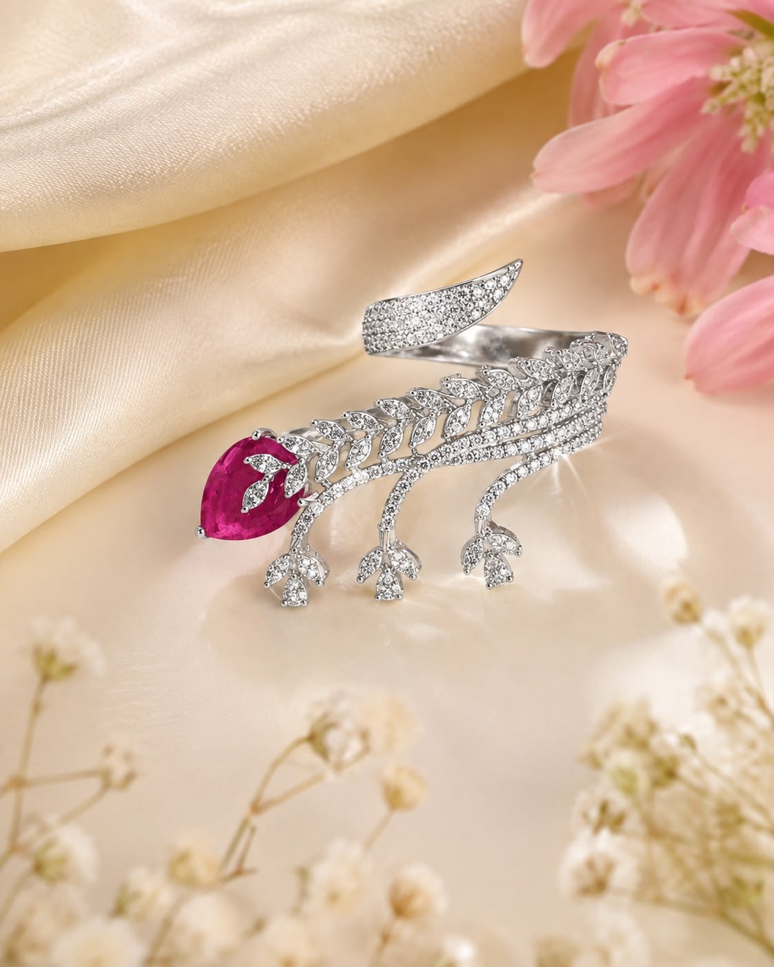Rhodium Plated Leaf Branch Statement Bypass Ring with Pear-Cut Ruby