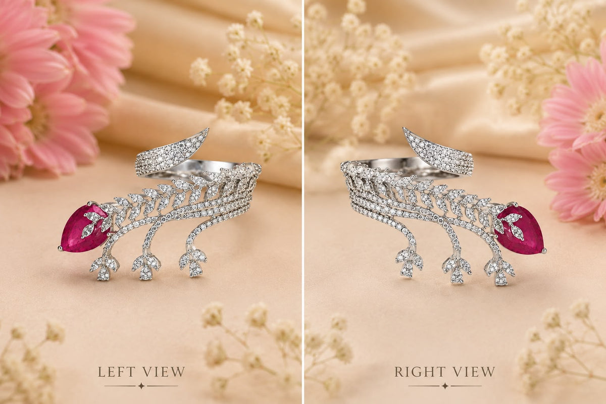 Rhodium Plated Leaf Branch Statement Bypass Ring with Pear-Cut Ruby