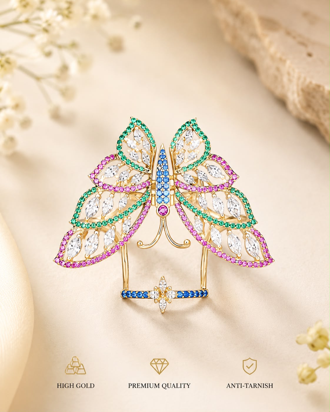 Rihum Multi-Color Cubic Zirconia Butterfly Full-Finger Statement Ring