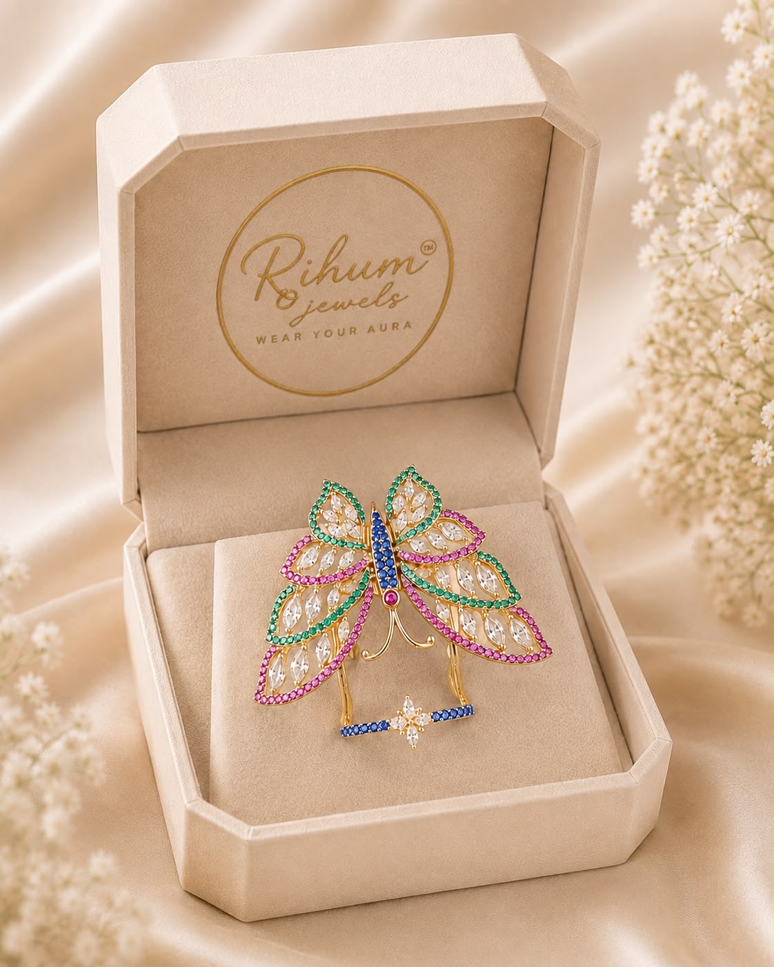 Rihum Multi-Color Cubic Zirconia Butterfly Full-Finger Statement Ring