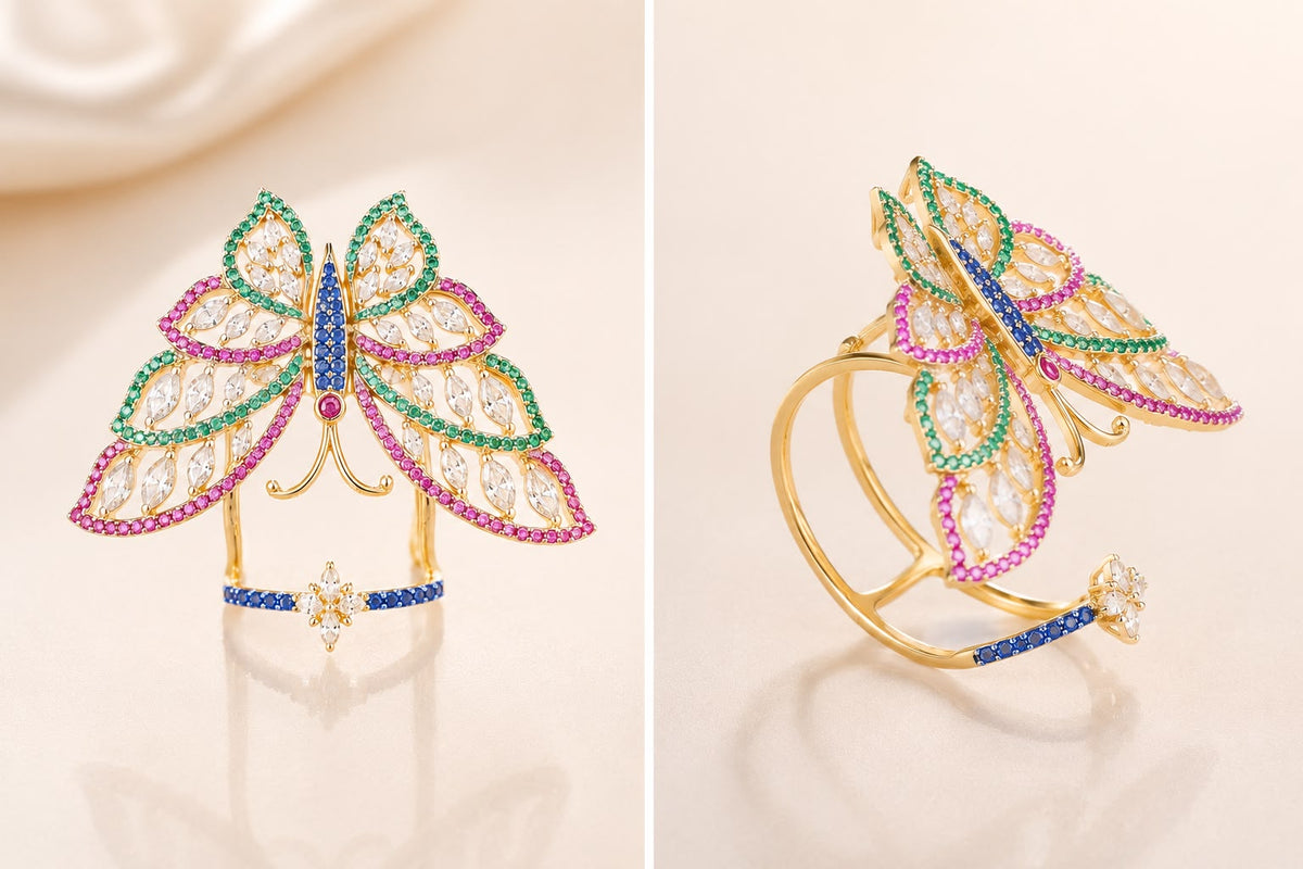 Rihum Multi-Color Cubic Zirconia Butterfly Full-Finger Statement Ring