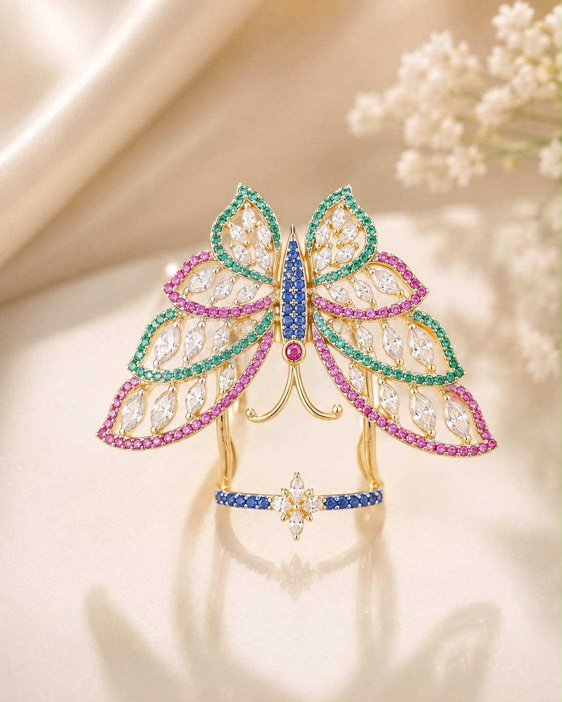 Rihum Multi-Color Cubic Zirconia Butterfly Full-Finger Statement Ring