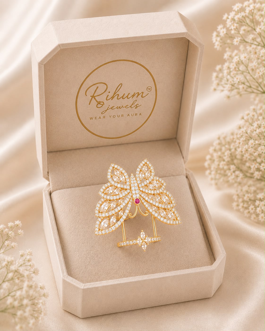 Rihum Multi-Color Cubic Zirconia Butterfly Full-Finger Statement Ring