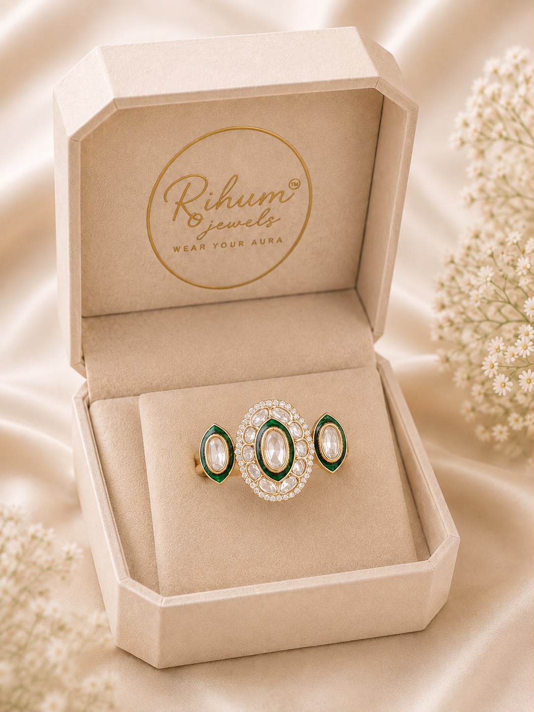 Kundan Polki Three-Piece Statement Ring Set